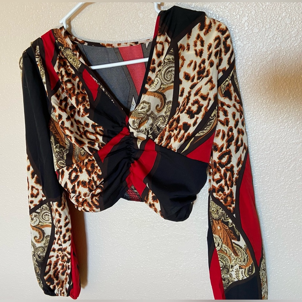 Red and cheetah print cropped blouse